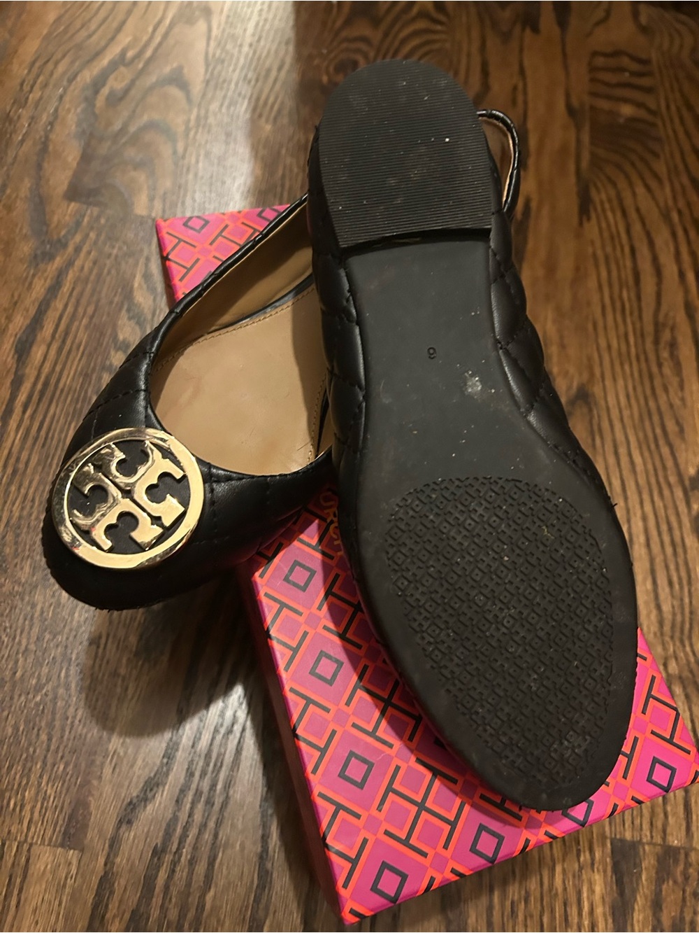 Tory Burch Black Leather Ballet Flats with Gold Logo Medallion - Picture 3 of 3